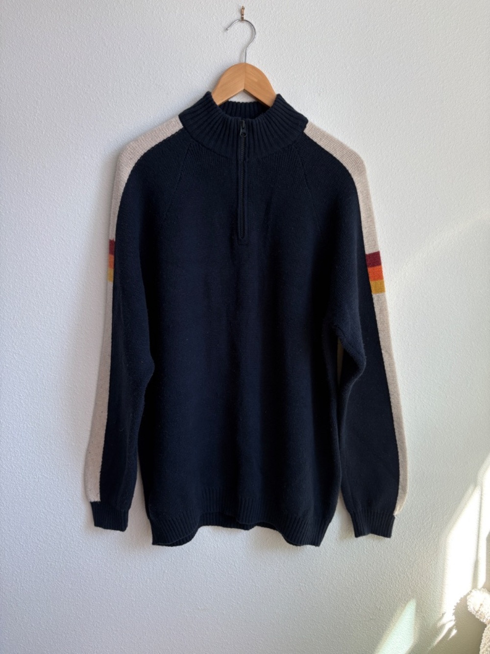 Marine Layer Archive Armas Mens Navy Striped Quarter Zip Wool Blend Sweater L - Picture 4 of 10